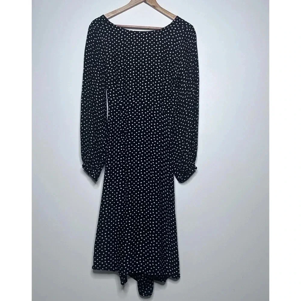 Anthropologie Black White Polka Dot Open Back Flowy Fit Flare Swing Dress